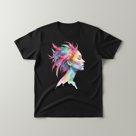 Vibrant Watercolor Woman Tee - Expressive Art Design
