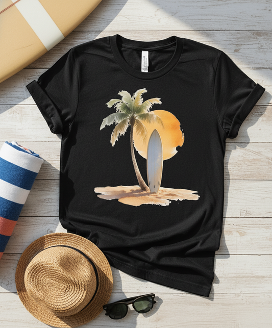 Tropical Sunset Surf T-Shirt | Beach Vibes Unisex Tee