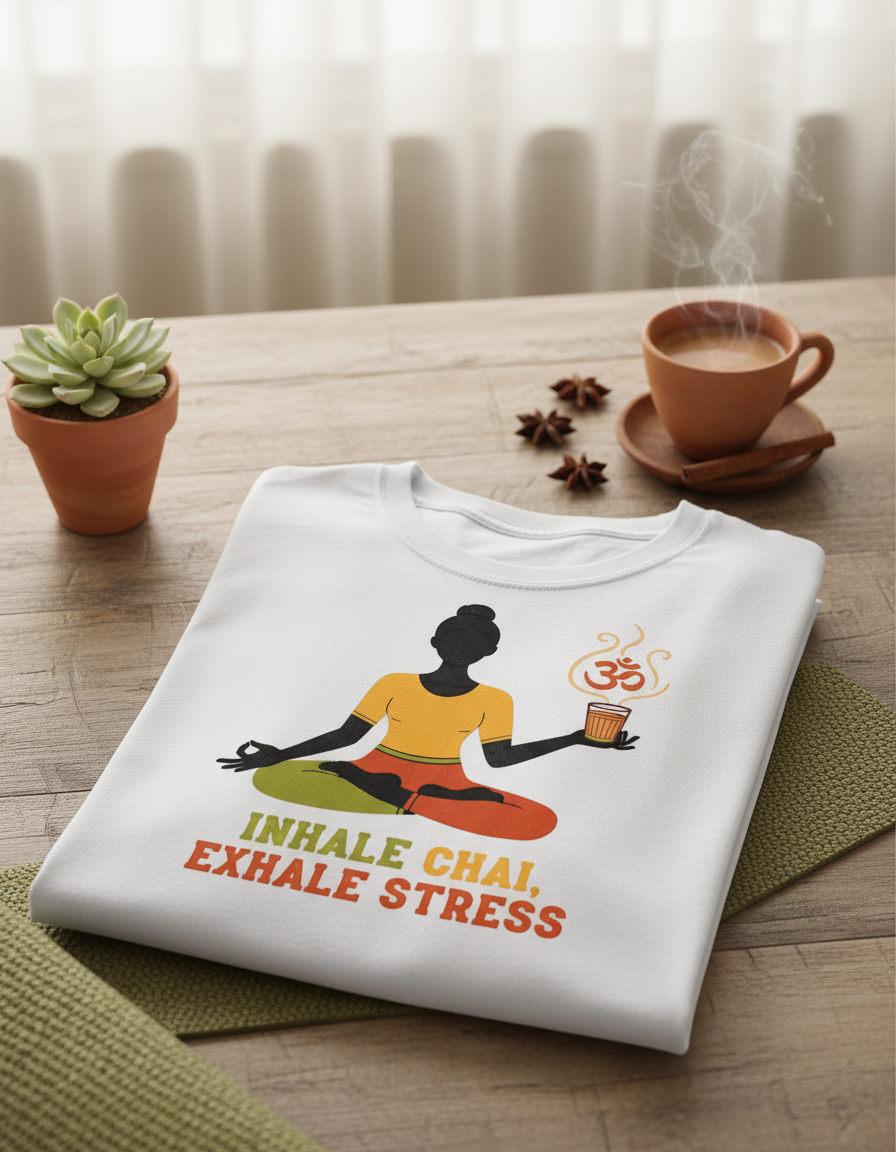 Inhale Chai, Exhale Stress – Women’s Yoga T-Shirt for Relaxation & Mindfulness