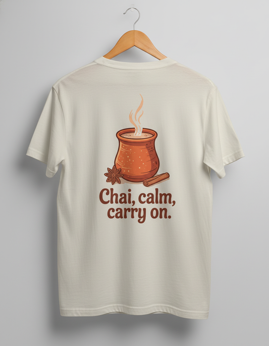 Chai, Calm, Carry On - Premium Unisex Cotton T-Shirt | Indian Chai Lover Graphic Tee