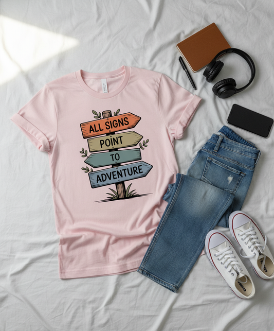 All Signs Point To Adventure - Rustic Wayfinder Unisex Tee