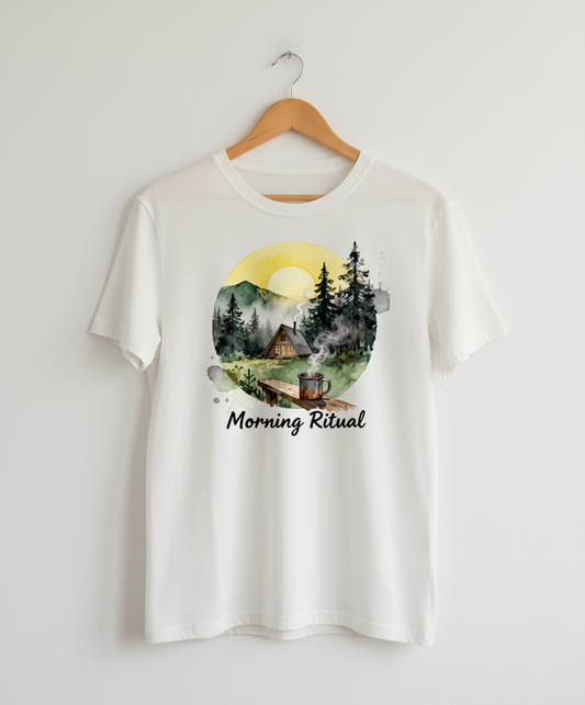 Cozy Cabin Morning Ritual Unisex Cotton T-Shirt - Watercolor Nature Tee