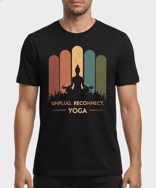Unplug. Reconnect. Yoga. Vintage Sunset Meditation Unisex Tee