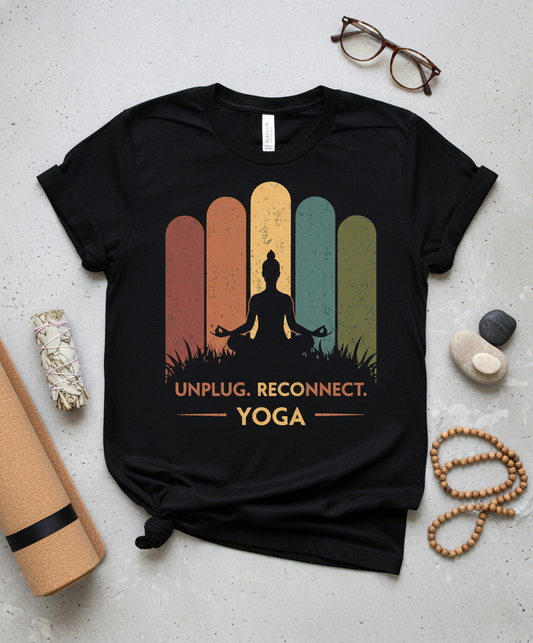 Unplug. Reconnect. Yoga. Vintage Sunset Meditation Unisex Tee
